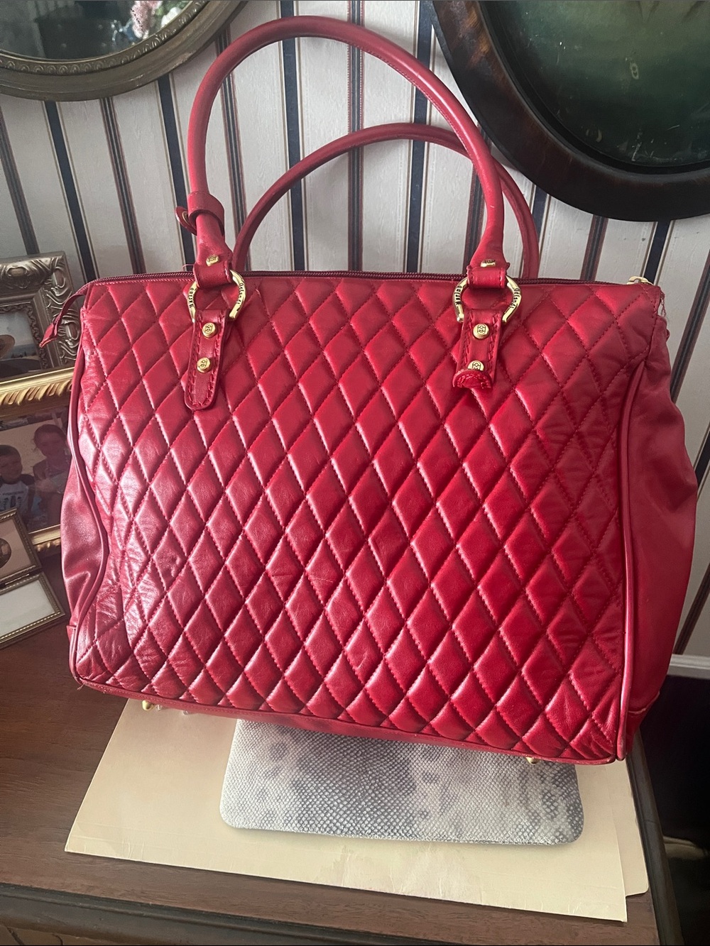 Red Quilted Tote with Gold Hardware - Women's Carryall